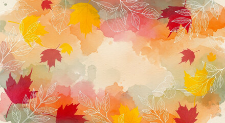 Abstract watercolor background with autumn leaves and floral elements in warm colors