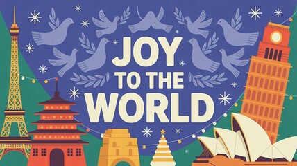 Fototapeta premium Global holiday celebration with iconic landmarks and peace doves