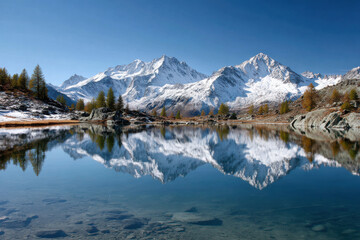 Snow-capped mountains reflecting in a still alpine lake