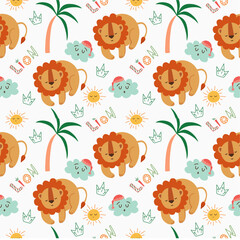 cute animal seamless pattern with sleeping lion, sun, and cloud elements. Pattern vector for kids fabric print.