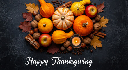 Happy thanksgiving arrangement with pumpkins, apples, nuts, cinnamon and autumn leaves on a dark background