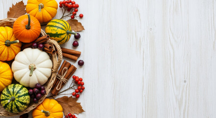 Autumn harvest arrangement with various pumpkins, gourds, berries, cinnamon and leaves in a basket