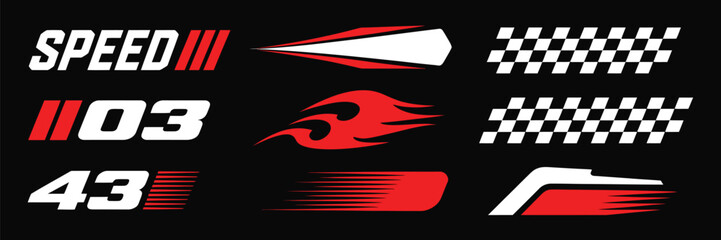 Racing Cars and Stripes Vector Pack,  Checkered flags, motocross labels, speed lines, motorsport graphics, race decals, and tuning stickers for automotive design, racing projects, car wraps, and motor