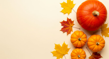 Bright orange pumpkin and small gourds with autumn leaves on a light beige background