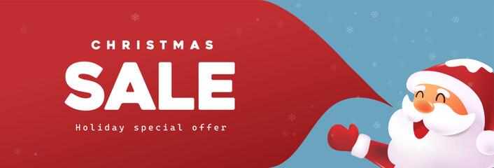 Cute Santa Claus joyfully announces a Christmas sale using a red speech bubble on a snowy background perfect for festive promotions and holiday shopping