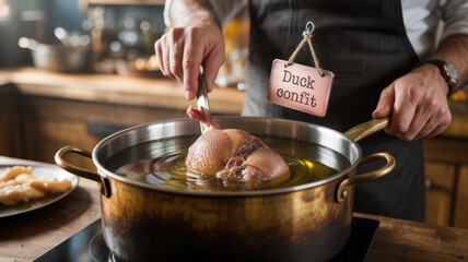 Chef slow-cooks duck confit in a rustic French kitchen, tradition-