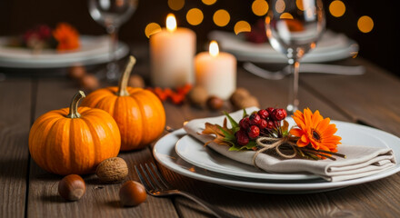 Thanksgiving table setting with pumpkins, candles, and autumn decorations