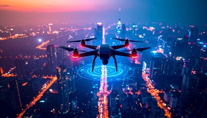 Dynamic drone technology soaring over illuminated cityscape at twilight, modern innovation