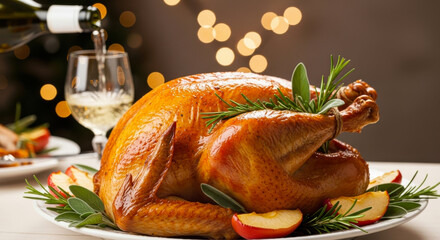 Roasted turkey with herbs and apple slices, ready for holiday feast