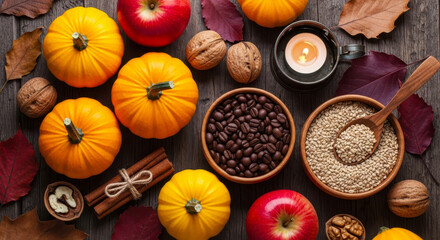 Overhead view of autumn harvest ingredients including pumpkins, apples, nuts, coffee beans, and spices