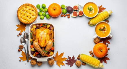 Overhead view of a thanksgiving dinner spread with a roasted turkey, pie, soup, and vegetables on a light background