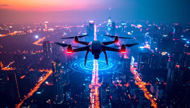 Dynamic drone technology soaring over illuminated cityscape at twilight, modern innovation - Powered by Adobe