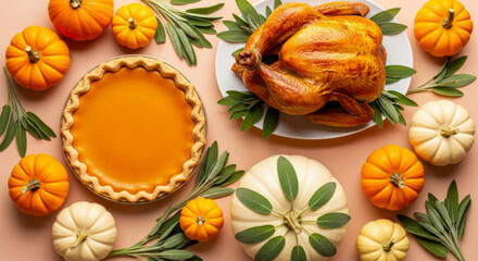 A topdown view of a thanksgiving spread with a roasted turkey, pumpkin pie, and various small pumpkins and gourds