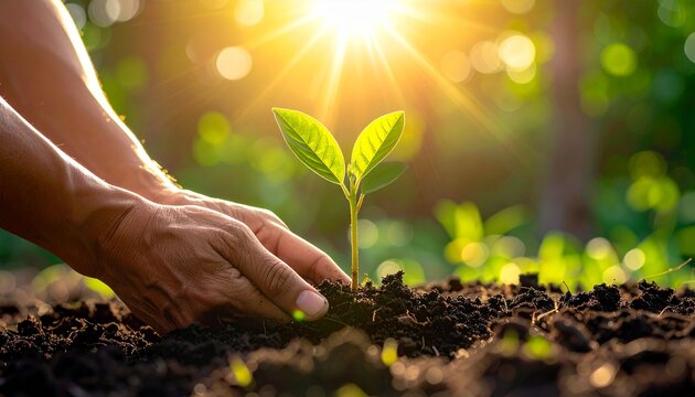 Hands nurturing a young seedling in soil representing growth and nature