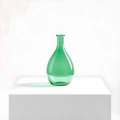 A sleek green glass flask with a rounded body and narrow neck is positioned on a clean and minimalist white background