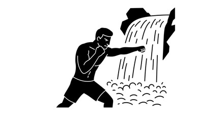 Athletic boxer training outdoors near cascading waterfall with powerful punching stance ready for competition isolated on white background