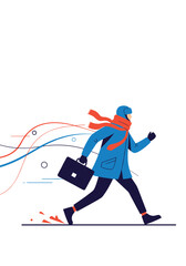 Obraz premium A man in a winter coat and scarf running with a briefcase