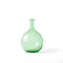 A sleek green glass flask with a rounded body and narrow neck is positioned on a clean and minimalist white background