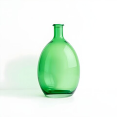 A sleek green glass flask with a rounded body and narrow neck is positioned on a clean and minimalist white background