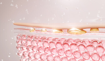 Realistic 3D skin anatomy with transparent serum bubbles beneath the surface. Ideal for cosmetic, hydration, or skin rejuvenation projects.