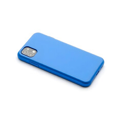 A sleek blue phone cover with a matte finish and subtle texture is placed prominently on a pristine white background