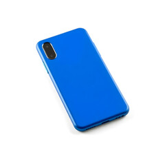 A sleek blue phone cover with a matte finish and subtle texture is placed prominently on a pristine white background