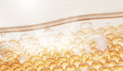 3D golden serum bubbles layered under the skin surface, symbolizing hydration, luxury, and active ingredient absorption in skincare.