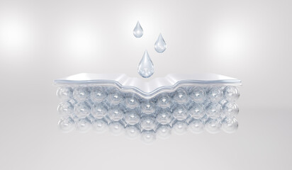 3D cross-section of skin layers absorbing serum drops. Perfect for hydration, skincare technology, and cosmetic moisture lock visuals.