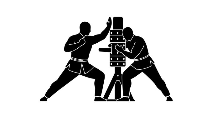 Dynamic silhouette of two martial artists training on a wooden dummy demonstrating kung fu and wing chun combat techniques isolated on white background