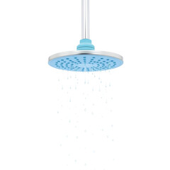 A serene blue showerhead is centrally placed on a pristine white background,