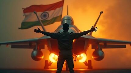 Indian air force pilot stands proudly before fighter jet and indian flag