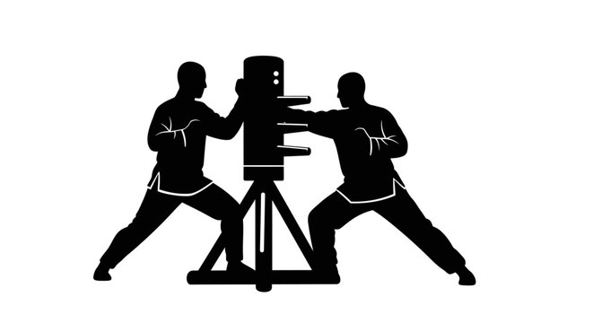 Silhouettes of martial artists training with a wooden dummy in a dynamic combat stance conveying strength and discipline isolated on white background