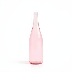 A delicate, transparent pink glass bottle with a rounded body and narrow on a clean and pristine white background