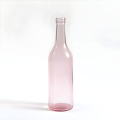 A delicate, transparent pink glass bottle with a rounded body and narrow on a clean and pristine white background