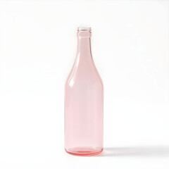 A delicate, transparent pink glass bottle with a rounded body and narrow on a clean and pristine white background