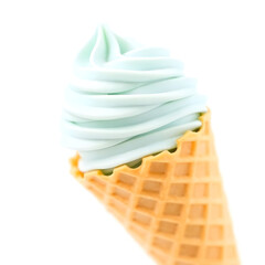 A delicate, swirled blue pistachio ice cream fills a crisp, golden-brown waffle cone, set against a pristine white background