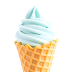 A delicate, swirled blue pistachio ice cream fills a crisp, golden-brown waffle cone, set against a pristine white background