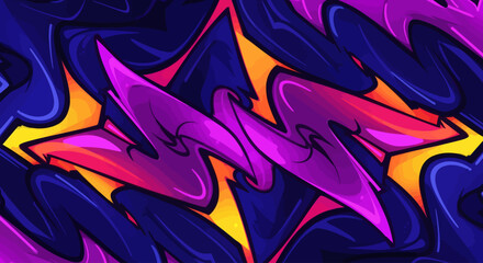 A bold and symmetrical graffiti-style background featuring a vibrant, abstract magenta and purple shape that radiates electric energy with its glowing yellow highlights