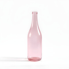 A delicate, transparent pink glass bottle with a rounded body and narrow on a clean and pristine white background