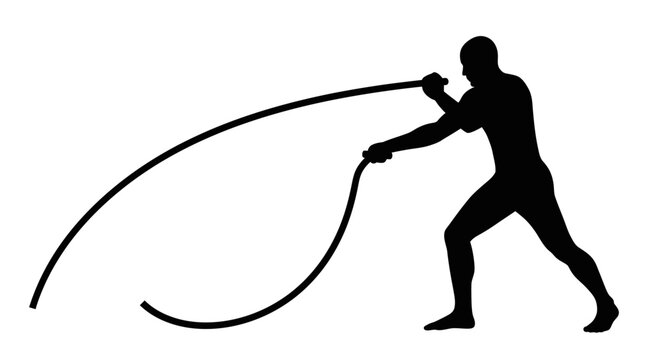 Silhouette of a man performing intense battle rope exercise for strength training and cardiovascular workout demonstrating fitness and athletic power isolated on white background