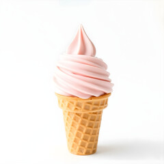 A delicate pink pistachio ice cream swirled into a crisp waffle cone stands upright on a pristine white background.