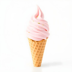 A delicate pink pistachio ice cream swirled into a crisp waffle cone stands upright on a pristine white background.
