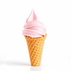 A delicate pink pistachio ice cream swirled into a crisp waffle cone stands upright on a pristine white background.