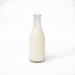 A delicate glass bottle of milk with a rounded body and narrow neck, placed on a clean and pristine white background