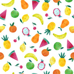 Watercolor summer fruits cute cartoon character. Hand drawn print in modern style. Seamless pattern