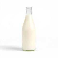 A delicate glass bottle of milk with a rounded body and narrow neck, placed on a clean and pristine white background