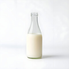 A delicate glass bottle of milk with a rounded body and narrow neck, placed on a clean and pristine white background