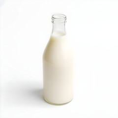 A delicate glass bottle of milk with a rounded body and narrow neck, placed on a clean and pristine white background