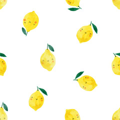 Watercolor summer fruits cute cartoon character. Hand drawn print in modern style. Seamless pattern