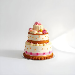 A decadent strawberry cake with moist layers and creamy strawberry buttercream frosting, adorned white background